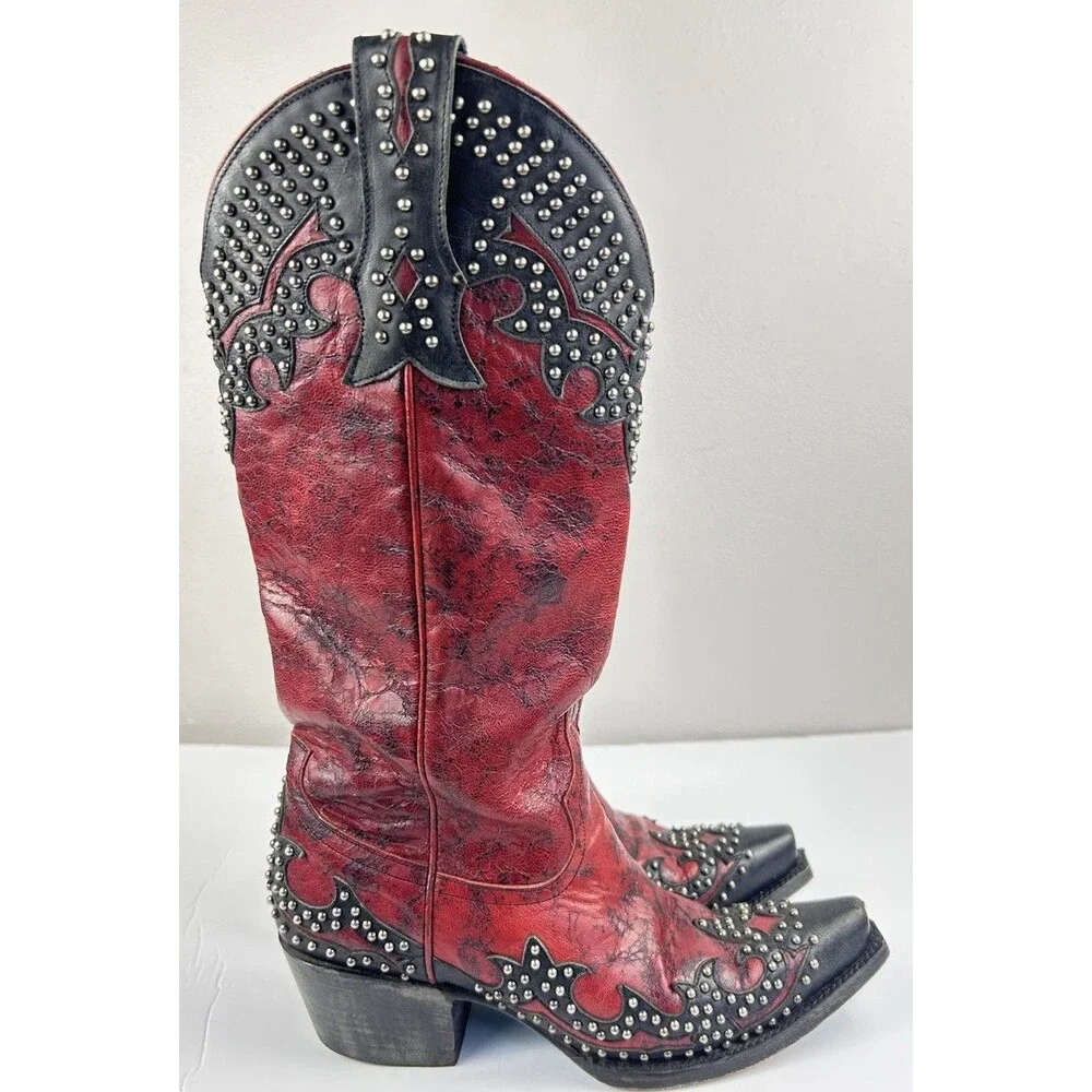 LANE Stephanie  Womens Red and BLack Studded Leather Cowboy Boots Size US 6 RARE